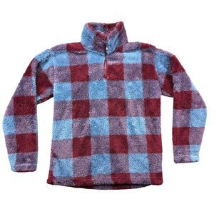 Eddie Bauer Jacket Women's Small Red Blue Plaid Fleece 1/4 Zip Soft Plush Cozy